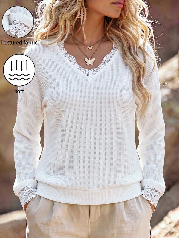 Holdful Holdful Women Casual Waffle Knit Sweatshirt, Lace Trim VNeck And Lace Cuff Design, Relaxed Fit Long Sleeve Daily Wear Pullover Tops