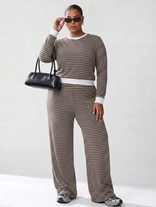 Solavibe Striped Two Piece Set, Plus Size Brown Crop Top & Flare Pants For Travel Hangout,Campus,Urban Stroll,Two Piece Set,Casual Sets,Back To School - Brown - View 1