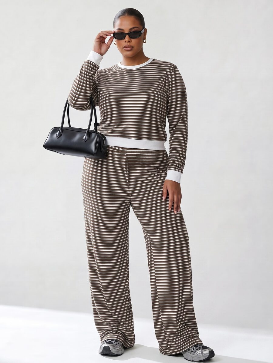 Solavibe Striped Two Piece Set, Plus Size Brown Crop Top & Flare Pants For Travel Hangout,Campus,Urban Stroll,Two Piece Set,Casual Sets,Back To School - Brown - View 1