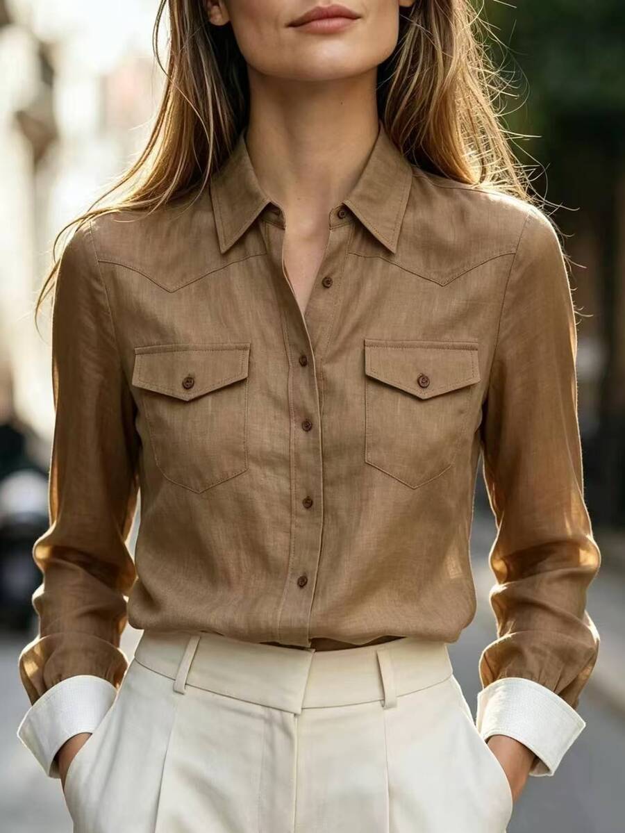 Trelyra Women's Long Sleeve Single-Breasted Utility Pocket Casual Shirt - Brown - View 1