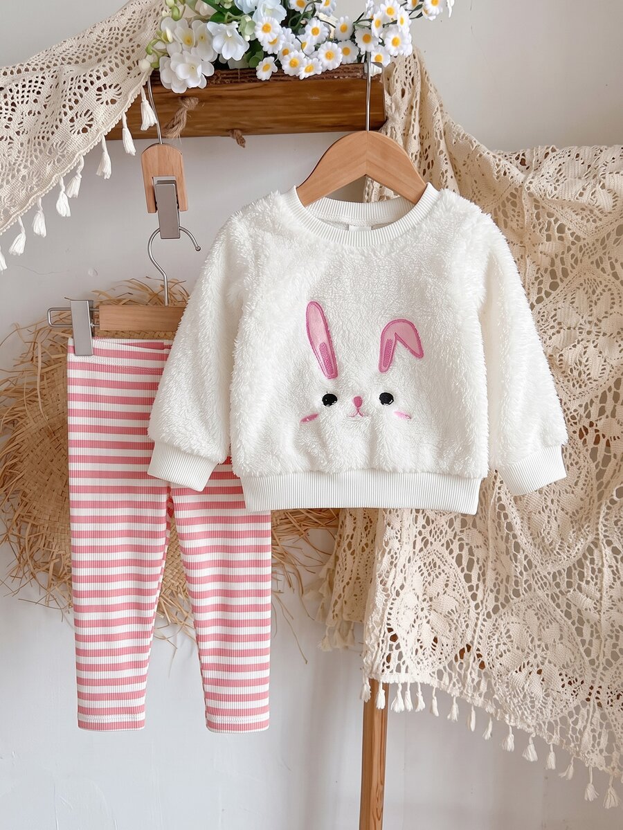 SHEIN Vintaside Kids 2件組女嬰公主風白色粉色兔子刺繡羅紋長袖圓領毛絨上衣與內搭褲套裝，可愛甜美冬季聖誕派對穿搭