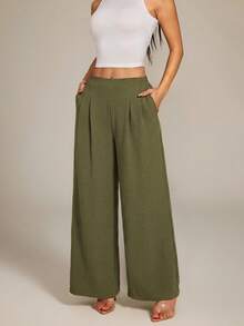 SHEIN PETITE Women's High-Waist Solid Color Pleated Wide Leg Loose Basic Casual Pants Winter Spring - Army Green - View 4