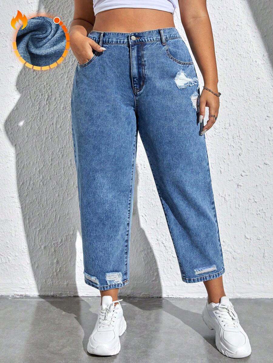 SHEIN EZwear 大尺碼女款休閒日常牛仔褲,附口袋、鈕扣與破洞設計 - 藍色 - 查看 1