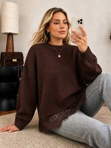 Vionelle Plus Size Women's Solid Color Round Neck Dropped Shoulder Loose Knit Sweater With Lace Hem Splice 2 In 1 Long Sleeve Pullover - Coffee Brown - View 6