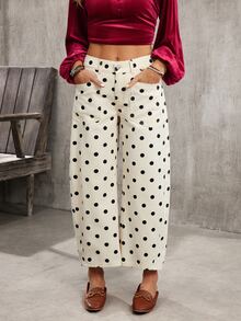 SHEIN PETITE CURVE Celana Jeans Wanita Ukuran Besar dengan Desain Saku dan Motif Polkadot, Model Tapered (Meruncing) - Aprikot - View 8