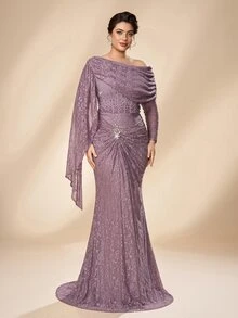 Serin Plus Size Elegant Lilac Lace Ruched Drop-Shoulder Long Sleeve Handmade Applique Beaded Mermaid Maxi Dress, Suitable For Formal Evening Party, Vacation, Wedding Event, Mother Of The Bride Gown - Lilac Purple - View 6
