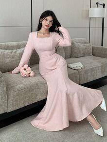 Modelyn Elegant Square Neck Pearl Embellished Long Sleeve Fitted Mermaid Dress - Pink - View 5