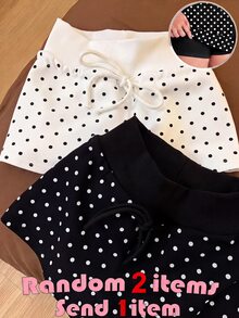 SHEIN Tween Girl Tween Girl Tween Girls Skirts Knitted Small Polka Dot With Built-In Leggings Casual Drawstring Skirt - Black - View 3