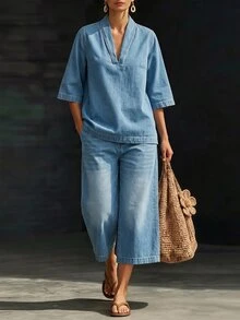 LUMIGAL Women's V-Neck 3/4 Sleeve Top And Wide Leg Pants Casual Denim Set - Blue - View 1