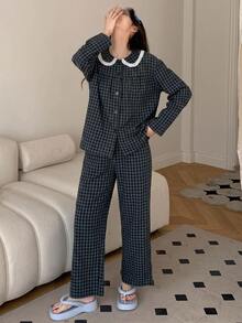 DAZY 2pcs Plaid Embroidered Pattern Pajama Set Fall - Navy Blue - View 3