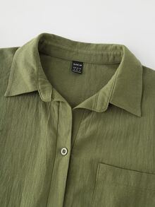 LUMIGAL Vintage Casual Bohemian Style Olive Green Faux Linen Single Pocket Button Front And Front Slit Long Slim Shirt Dress - Olive Green - View 3