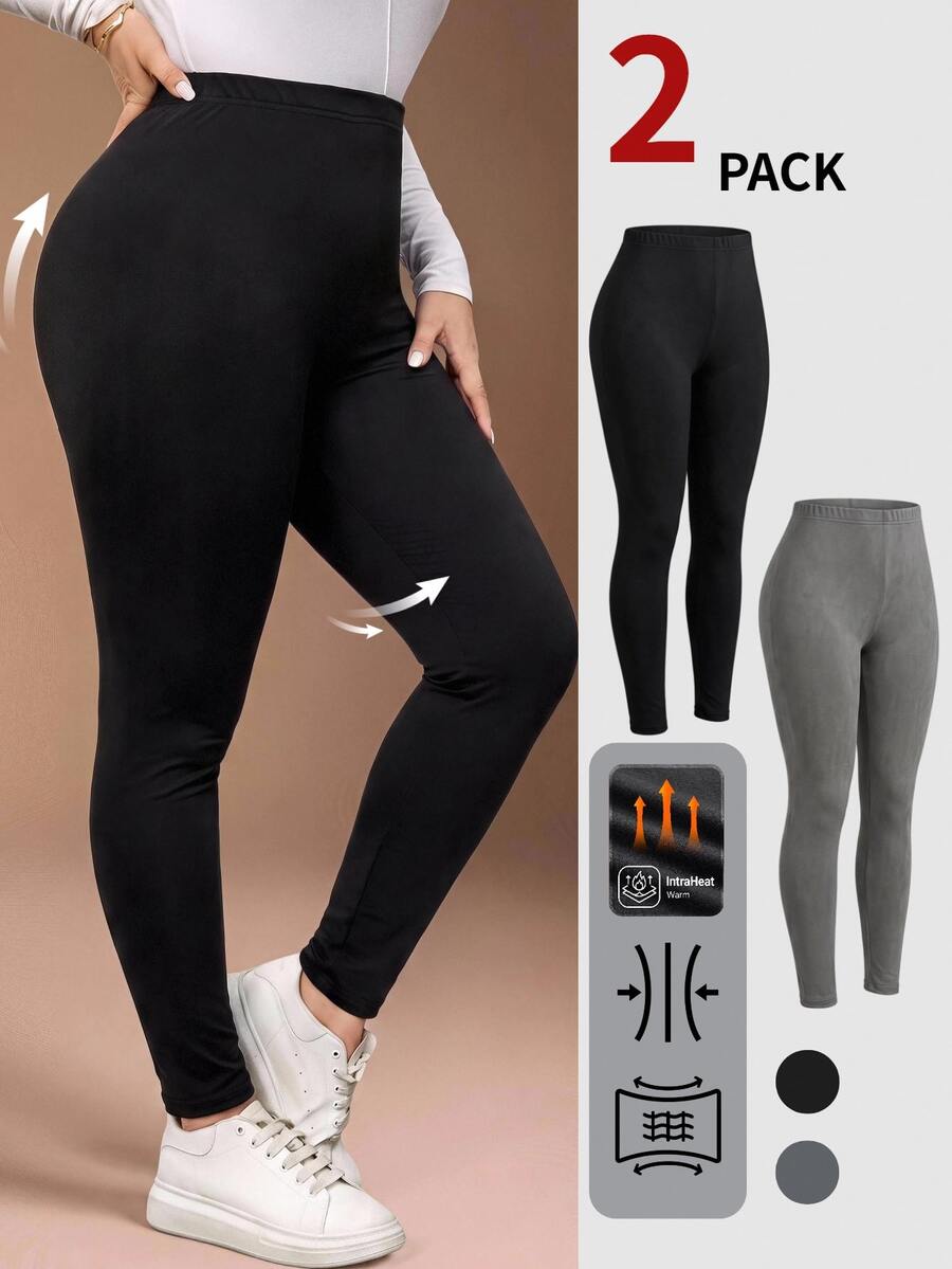 SHEIN BASICS 大尺碼女款保暖刷毛純色彈性腰休閒柔軟修身百搭內搭褲 正式健身適用 黑色 秋冬 - 彩色 - 查看 1