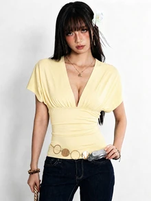 Rina Fox 女款薄荷藍深V領露背繫帶短袖性感修身上衣 - 淡黃色 - 查看 4