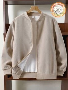 SHEIN 青少年男孩燈芯絨羊羔絨內裡拉鍊棒球夾克 卡其色 - 卡其色 - 查看 3
