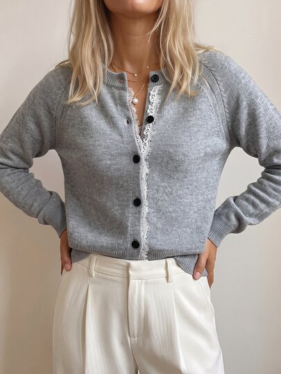 Sprig & Strand Elegant Round Neck Long Sleeve Lace Single-Breasted Design Women's Thin Cardigan