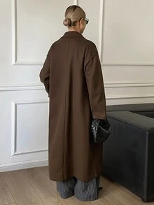 DAZY Brown Lapel Double-Breasted Loose Oversized Overcoat Jacket For Women, Casual Autumn/Winter - Coffee Brown - View 2
