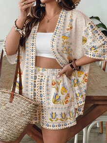Freevana Plus Size Women's Floral Print 2 Pieces Vacation Set, Short Sleeve Shirt And Shorts Outfit - Multicolor - View 4
