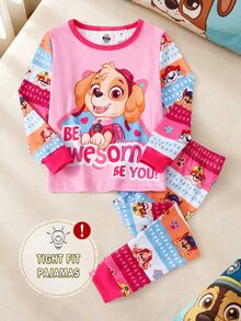 SHEIN | PAW Patrol 秋冬女童幼兒合身聯名款可愛卡通小狗印花粉色柔軟舒適高彈力長袖上衣與長褲2件式睡衣套裝 - 粉色 - 查看 1