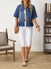 EMERY ROSE Áo khoác denim nữ tay ngắn cài nút đơn gấu bèo nhún - Màu xanh lam - Xem 8