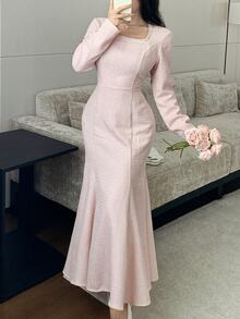 Modelyn Elegant Square Neck Pearl Embellished Long Sleeve Fitted Mermaid Dress - Pink - View 6