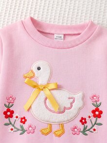 女嬰幼童女童秋冬卡通鴨子印花針織軟綿圓領長袖荷葉袖套頭運動衫彈性腰修身長褲2件套可愛套裝 - 粉色 - 查看 3