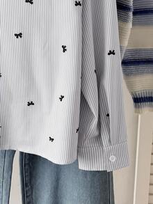 SHEIN Teen Girls Autumn New Blue & White Striped Cherry Pattern Loose Long Sleeve Shirt - Grey - View 3
