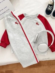 Boys Korean Style Minimalist Grey & Colorblock Raglan Sleeve Crew Neck Sweatshirt With Matching Colorblock Loose Sweatpants Set, Spring/Autumn Daily Wear - Red - View 1