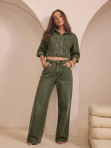 Aralina Women's Studded Cropped Denim Top - Army Green - View 8