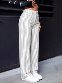 SHEIN PETITE Celana Jeans Kasual Wanita Bergaris dengan Kancing dan Saku, Potongan Lebar. - Putih - View 4