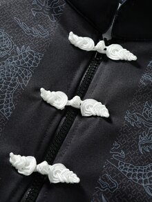 ROMWE MEN Áo nỉ unisex phong cách đường phố vintage thương hiệu, kiểu Trung Quốc mới, họa tiết rồng in kỹ thuật số màu tối, cổ đứng, khuy cài kiểu ếch - màu đen - Xem 4