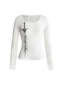 ROMWE Grunge Punk Punk Casual Sword Slogan Print Sheer Fitted Long Sleeve Top - White - View 1