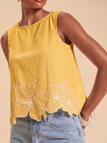 Travachic 女款花卉刺繡圖案休閒日常無袖上衣 - 黃色 - 查看 5