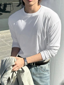 DAZY 春秋款純白色羅紋圓領微鬆版型男士T恤 - 白色 - 查看 4