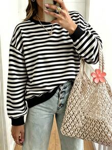 EMERY ROSE Plus Size Women's Black And White Striped Sweatshirt,Casual Crew Neck Autumn Winter Top - Multicolor - View 1