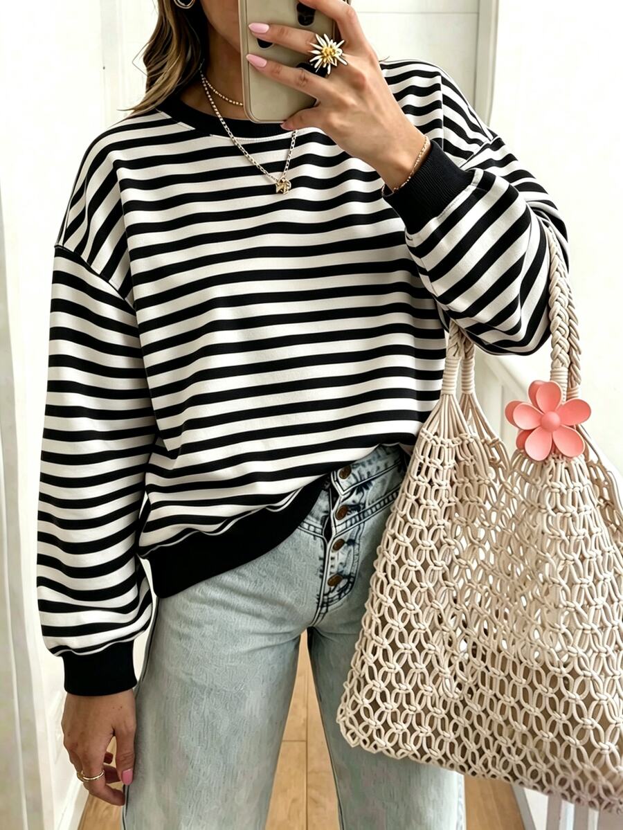 EMERY ROSE Plus Size Women's Black And White Striped Sweatshirt,Casual Crew Neck Autumn Winter Top - Multicolor - View 1