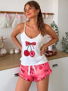 SweetSlumber Women's Sweet INS Colorblock Cherry Print Ruffle Trim Camisole And Pajama Pants Sleepwear Set - Multicolor - View 4
