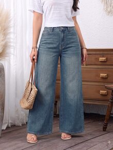 SHEIN PETITE 女款休閒水洗寬腿牛仔褲 - 藍色 - 查看 6