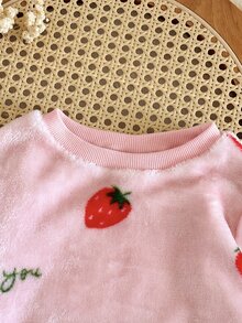 SHEIN 女嬰針織純色草莓圖案人造毛領圓領衛衣與長褲2件套 - 紅白色 - 查看 6