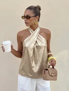 Lavishia 女款夏季橘色印花上衣，浪漫海灘度假穿搭 - 金色 - 查看 6