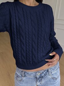 SHEIN 青少年女孩休閒條紋針織毛衣，極簡時尚，適合日常穿著，秋冬季節 - 藏蓝色 - 查看 4