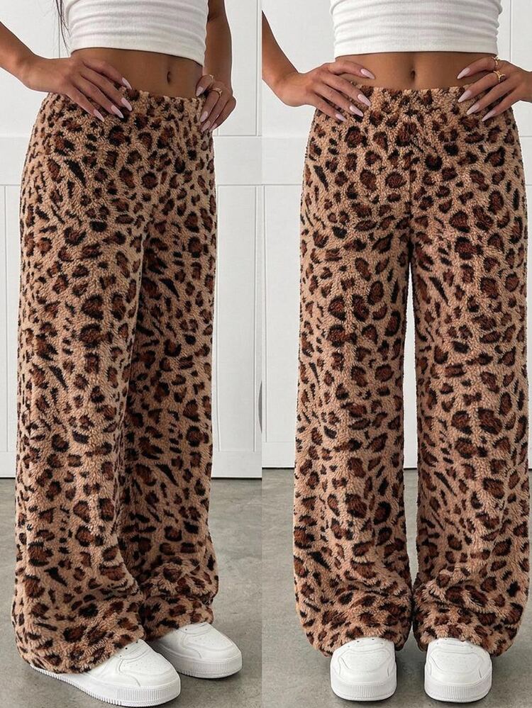 SHEIN Teen Girls Teen Girl Leopard Print Plush Thickened Long Pants Casual Versatile Soft Comfortable Fashionable Personalized Leopard Print - Brown - View 1