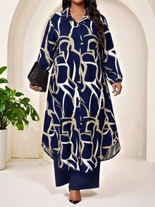 SHEIN Lady 大尺碼時尚通勤全印花襯衫與長褲兩件套 - 藏蓝色 - 查看 3