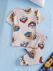 SHEIN | PAW Patrol 小男孩卡通印花短袖上衣與長褲休閒日常居家睡衣套裝 - 杏色 - 查看 2