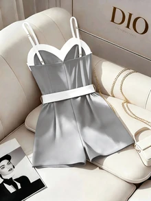 SHEIN Franclia 女款休閒優雅性感基本款通勤夜店雞尾酒會修身腰帶收腰灰色對比色短連身褲 夏季 - 灰色 - 查看 2