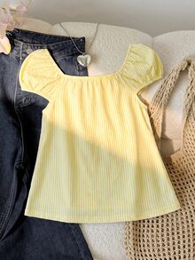 SHEIN 兒童青少年女孩抓皺甜美時尚上衣，適合度假與旅行，福袋款 3 件組隨機發 1 件 - 黃色 - 查看 2