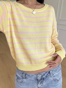 SHEIN 青少年女孩休閒條紋針織毛衣，簡約時尚，適合日常穿著，秋冬季 - 彩色 - 查看 3