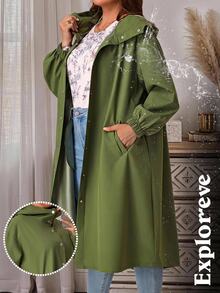 EMERY ROSE Plus Size Solid Hooded Button Front Long Sleeve Trench Coat With Pockets Fall Winter 2026 - Army Green - View 2