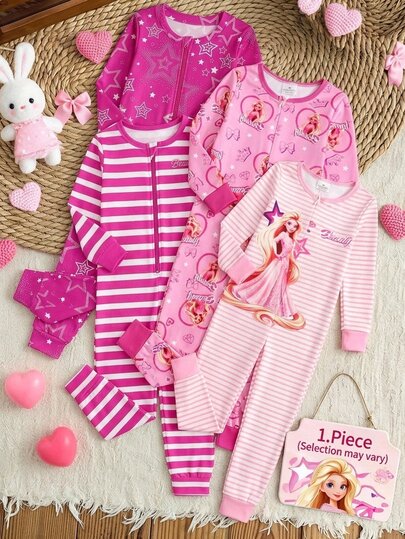 Young Girls Cute Princess Striped Print Long Sleeve One-Piece Pajamas Snug Fit Sleepwear Loungewear