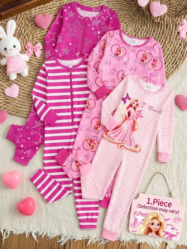 Young Girls Cute Princess Striped Print Long Sleeve One-Piece Pajamas Snug Fit Sleepwear Loungewear