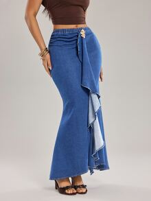Rivivi Women's Patchwork Ruffle Fashion Mermaid Denim Skirt - Blue - View 3